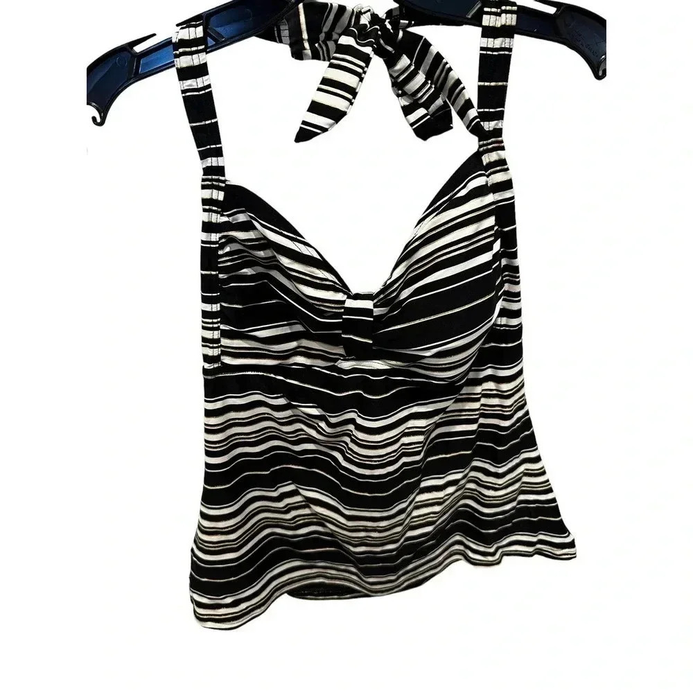 NWT Soma Women's Black & White Striped Sleeveless Tie Neck Tankini Top Size L